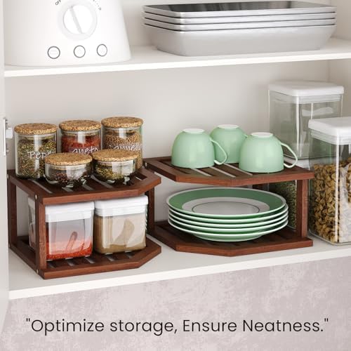 VERTORGAN 2 Tier Bamboo Plate Organizer,Corner Shelf for Kitchen(Brown - Image 6
