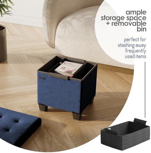 Storage Ottoman Cube with Small Bin, 15-in Square Ottoman with Storage for Living Room and Bedroom, Small Ottomans Foot Rest, Velvet Foot Stools Ottomans Max 330lbs, Blue - Image 4
