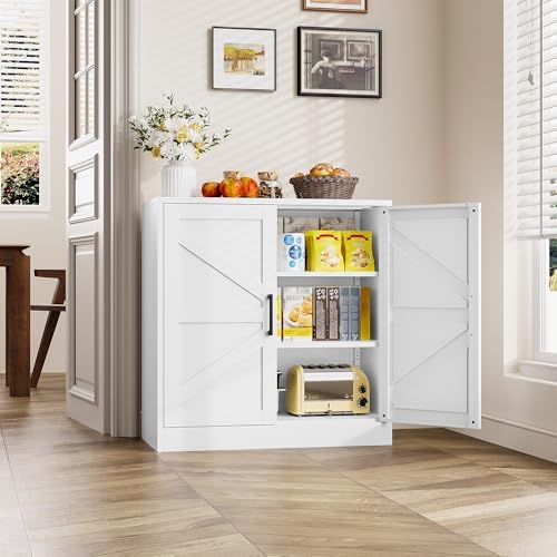 White Storage Cabinet with Doors and Adjustable Shelves,36" Farmhouse Food Pantry Cabinets,Small Sideboard Cabinet,Short Metal Storage Cabinets for Home Kitchen,Dining/Living/Laundry/Room - Image 2