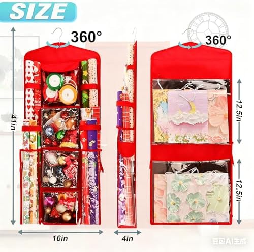 Hanging Wrapping Paper Storage Organizer, Double-Sided Gift Wrap Holder, 360° Rotating Gift Bag Storage Organizer for Your craft, Accessories, Gift Warp Supply, Wrap Ribbon and Stationery (Red) - Image 2