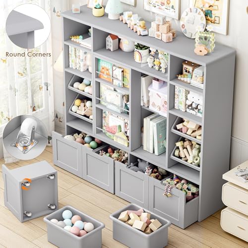 FINETONES Toy Storage with Sliding Bookshelf, Toy Organizer with 4 Bins - Image 6