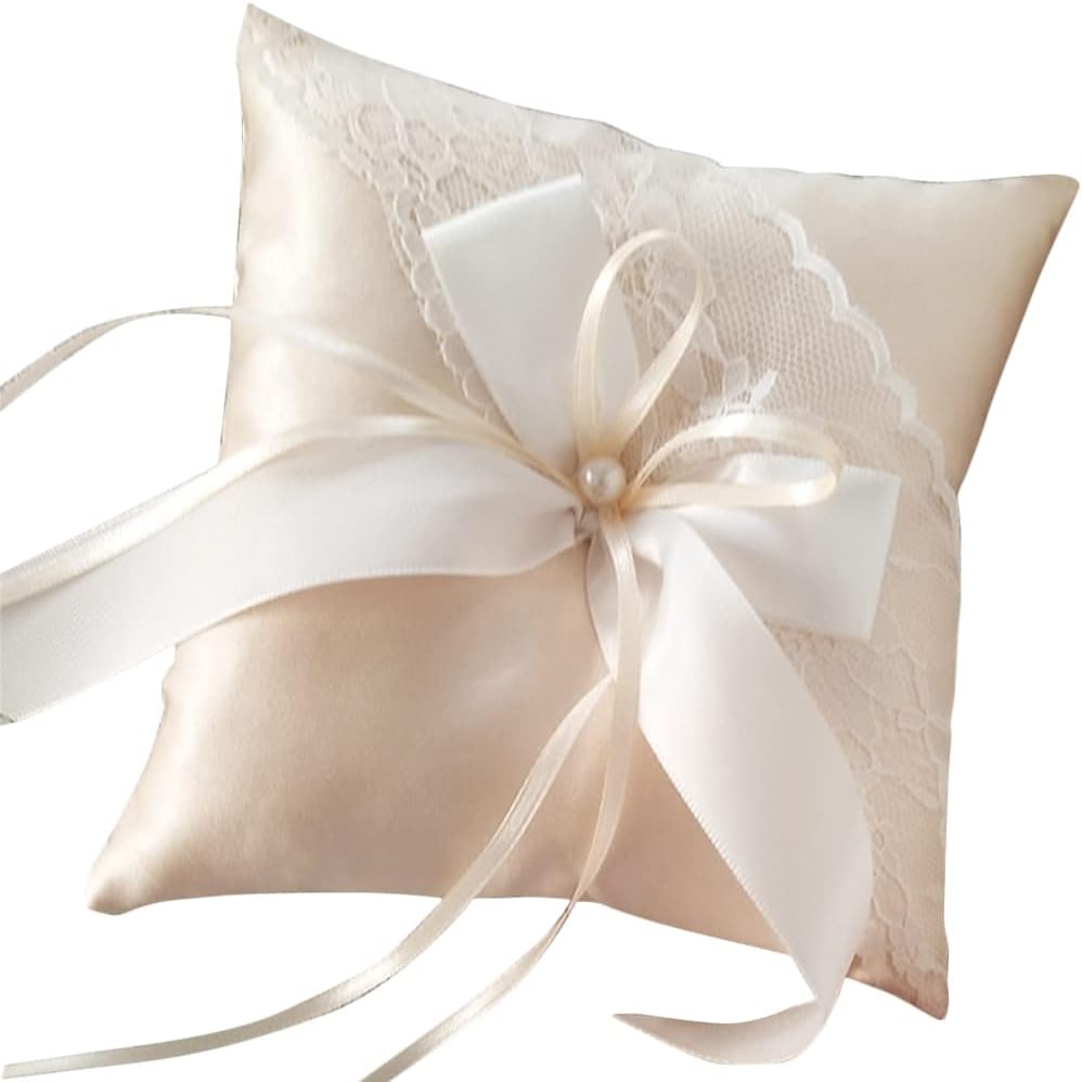 LUOZZY Wedding Ring Bearer Pillow Cushion with Pearls Decorations Wedding Ring Pillow Holder (Champagne 5.89 Inch)