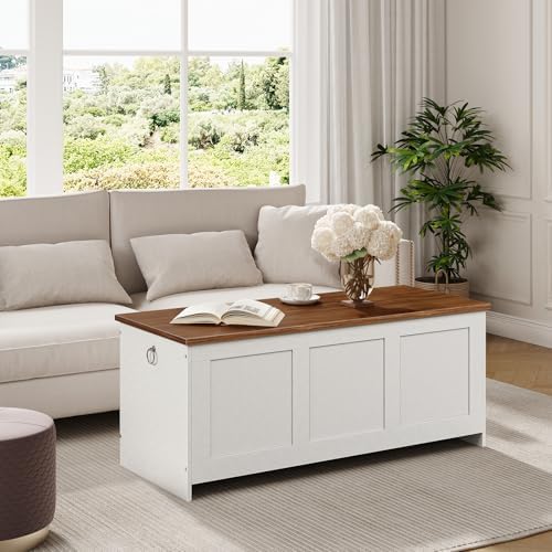 HOOBRO Storage Bench, 43.3" Retro Wooden Storage Chest, Wooden Storage Trunk, Toy Chest with Lift Top, Multifunctional Entryway Organizer, for Entryway, Living Room, White and Walnut WH411CW01G1 - Image 5