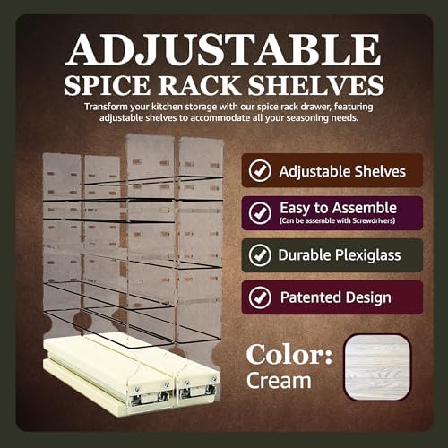 Vertical Spice Adjustable Spice Rack Drawer - Pull Out Cabinet Organizer - Kitchen and Pantry Organizers and Storage - Spice Caddy - 2 Drawers, 3 Upper Tier (4.6" W x 11.25" H x 10.6" D, Cream) - Image 2
