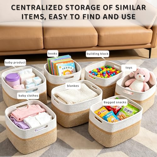 4 Pack Storage Baskets for Organizing, 13''Lx11''Wx8''H Woven Baskets for Storage Toys, Towels, Books, and Clothes, Cotton Rope Basket for Shelves with Handle - Image 6