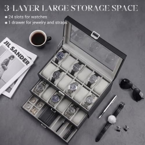 ProCase 3-Layer Watch Box with Glass Lid for Men, 24-Slot, Black - Image 2