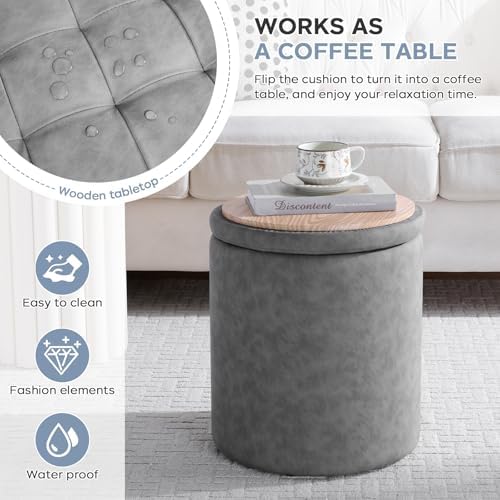 Faux Round Ottoman with Storage, Small Foot Stool for Living Room Bedroom - Image 3