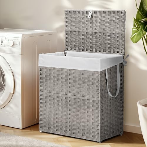 DUMOS Wicker Laundry Basket with Lid, 110L Woven Laundry Hamper with Handles, Foldable Rattan Clothes Hamper with Removable Liner & Sturdy Steel Frame, Dove Gray - Image 2
