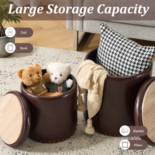 Royal Windsor Round Ottoman with Storage Set of 2, Faux Leather Button Tufted Vanity Stool, Storage Ottoman Coffee Table, Small Leather Foot Rest Stool for Living Room, Bedroom, Coffee - Image 4