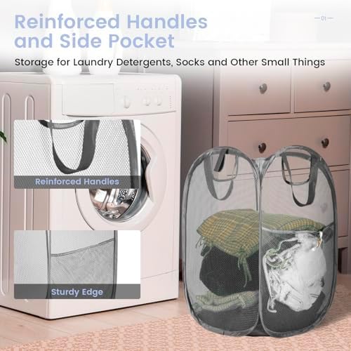 HOUSE AGAIN 2Pack Strong Mesh Pop Up Laundry Hamper, 70L Collapsible Laundry Basket with Steel Frame, Double‑Stitched Handles & Side Pocket, Foldable Dirty Clothes Hamper for Dorm, Bedroom, Grey - Image 5