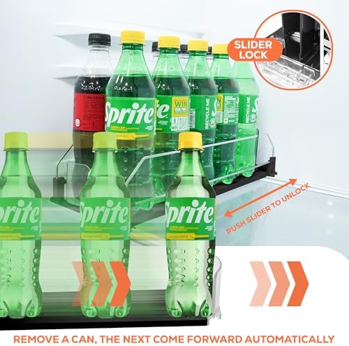 Upgraded Premium Drink Organizer for Fridge. Ultra Space Saving Soda Can Organizer for Refrigerator with Larger Stopper Height and Automatic Pusher with Locking Feature. Holds 10 Cans (2 Rows, Black) - Image 4