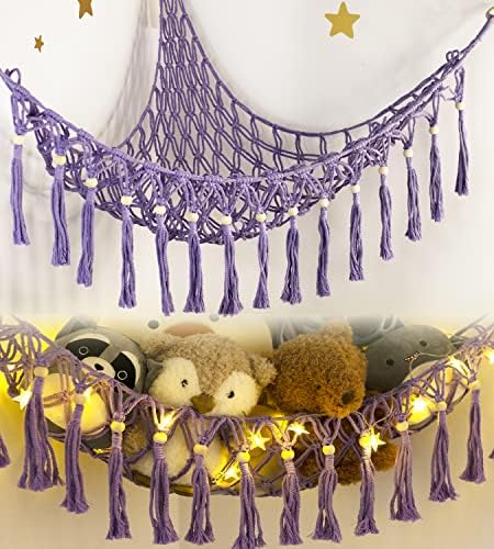 Stuffed Animal Hammock Corner with LED Light - Toy Storage Hammock Plushie Net Organizer - Teddy Bear Stuffy Hammock - Purple Nursery Decor Baby Kids Bedroom Nursery Furniture by TCGPRO