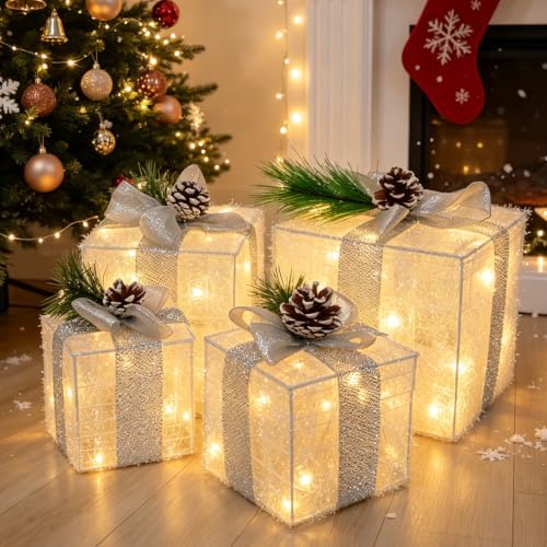 Hourleey Set of 4 Christmas Lighted Gift Boxes Warm White 70 LED Pre-lit by Hourleey
