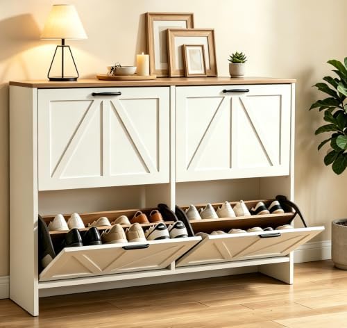 Nicetree Shaker Barn Door Shoe Cabinet, 4 Flip Drawers & 3Tier Adjustable Shelves, Ultra Slim Freestanding, Modern Rustic Brushed White Farmhouse Shoe Rack for Entryway, Hallway, Foyer & Mudroom White by Nicetree
