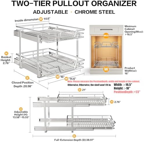 2-Tier Kitchen Cabinet Pull Out Shelf and Drawer Organizer Slide Out Pantry Storaqe Basket in Multiple Sizes (16" W x 21" D) - Image 2