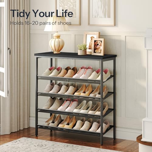HOOBRO Shoe Rack for Entryway, 5-Tier Shoe Organizer with Adjustable Mesh Shelves, 12-16 Pairs of Shoes, Spacious Floor Mount, Metal, Industrial, Shoe Shelf for Closet, Black BB12XJ01 - Image 4