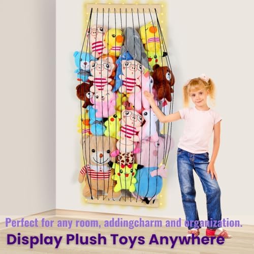 Stuffed Animal Storage Wood Soft Toy Storage for Kids Room，Wall Mount Door Hanging Stuffed Animal Toy Organizer Shelf for Nursery Play Room White with LED Coil -Patent - Image 2
