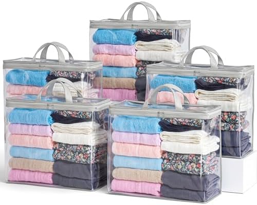 5 Pack Clear Storage Bags for Clothes, 22L Blanket Storage Bags, Under Bed Storage, Closet Organizers Bag, Upgraded Version Two-Way Zippers Design(Grey) by Hopack