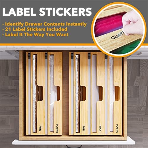 SpaceAid WrapNeat 3 in 1 Wrap Organizer with Cutter and Labels, Plastic Wrap, Aluminum Foil and Wax Bamboo Dispenser for Kitchen Storage Organization Holder for 12" Roll (Natural) (Pack of 2) - Image 3