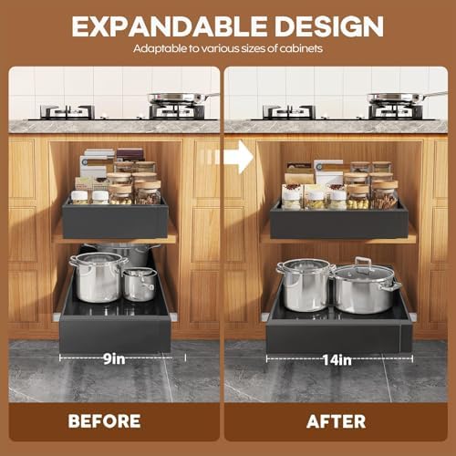 Seinloes 2 Pack Expandable (9"-14") Pull Out Cabinet Organizer 21" Deep With Raising Pad for Framed Cabinets,Upgrade 3 Slide Rails Slide Out Drawers,No Drill Roll Out Shelves Adhesive,Black - Image 4