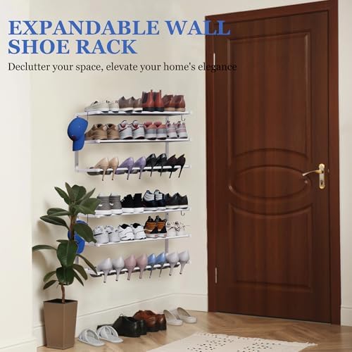 Wall Mounted Shoe Rack, 3 Tier Hanging Shoe Rack Holds 12 Pairs, 17"-30" Adjustable Heavy Duty Metal Shoe Organizer Holder with 2 Storage Hooks, Space Saving for Closet Entryway Doorway（White - Image 4