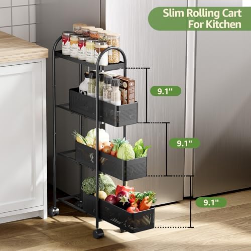KINGRACK 4 Tier Slim Rolling Cart with Drawer, Metal Utility Storage Cart - Image 3