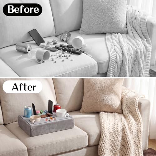Yerliker Couch Tray Cup Holder, Flannel Sofa Caddy Waterproof,Gray - Image 3