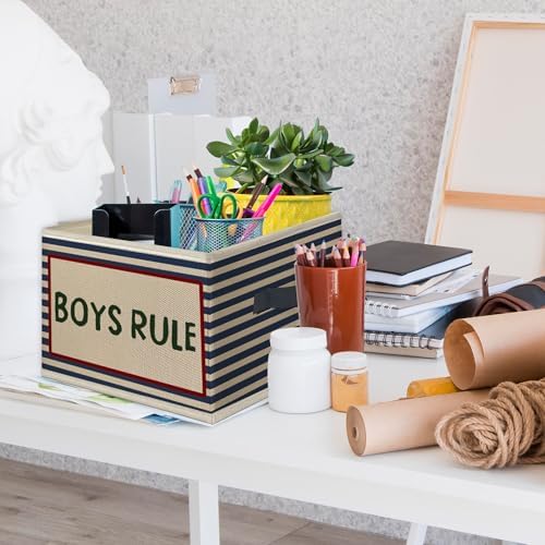 Boys Rule Foldable Storage Bins Box with Handles, Retro Blue Striped Collapsible Toys Books Clothes Organizer Basket for Kids Boy Nursery Room Bedroom Bathroom Dorm Playroom - Image 3
