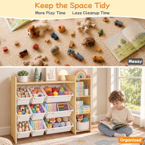 GITAWUSA Kids Toy Storage Organizer, Wooden Shelf with 3 Tiers and 9 Storage Bins, Nursery Room Organizer for Books and Toys, White and Natural Wood - Image 5