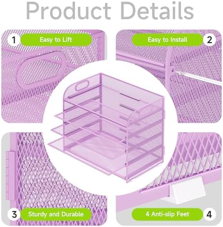 Cawukege 5 Tier Paper Organizer with Handle, Metal Mesh Desk Organizer File Folder Paper Letter Tray Desktop Document Sorter for Classroom, School, Office Accessories Organization and Storage - Purple - Image 4