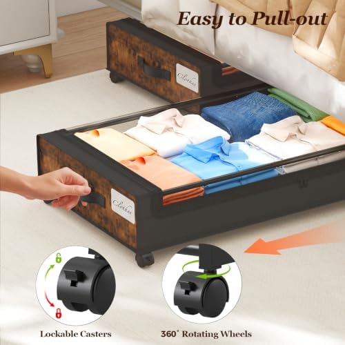 Yecaye Under Bed Storage with Wheels, 2 Pack Brown Large Lapacity Rolling UnderBed Drawers for Clothes, Blankets - Image 4