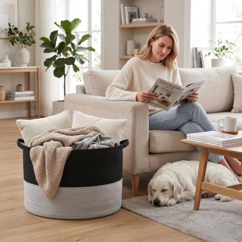 90L Large Blanket Basket,Woven Laundry Basket-Black&Light Grey - Image 4