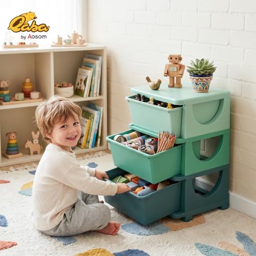 Qaba 3 Drawers Kids Storage Unit 3 Tier Toy Organizers Green - Image 2