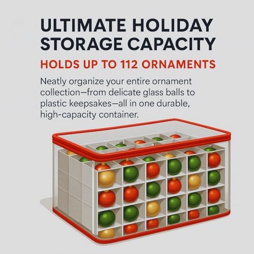 Jumbl Christmas Ornament Storage Box with Dividers – Holds Up to 112 Ornaments, Adjustable Compartments – Stackable Holiday Storage Container with Zipper Closure & Handles - Image 3