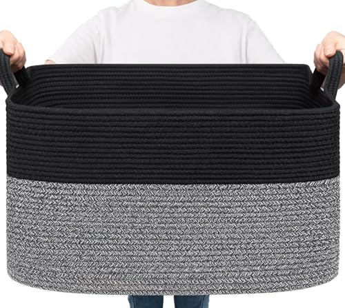 Goodpick Large Woven Rope Blanket Basket, Rectangle, Black & Gray by Goodpick