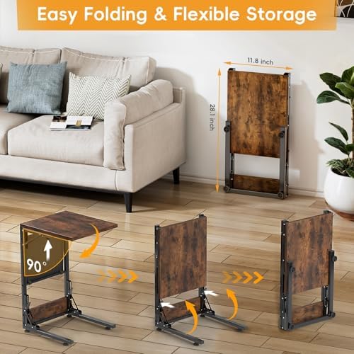 Folding TV Tray Table, Small Folding Side Table with Storage Bag, Portable C Shaped End Stand for Couch Sofa Bed, Rustic Brown - Image 5