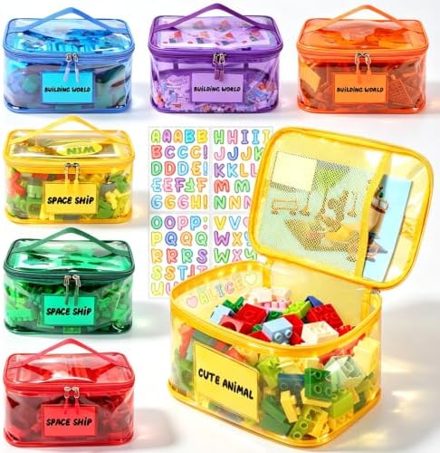 Tesuko 6 Pack Clear Toy Storage Bag with Name Tag& Manual Pocket, Waterproof Transparent PVC Toy Organizer Case for Lego Bricks, Board Games, Building Blocks, Puzzles (Large Capacity, Full Colourful) by Tesuko