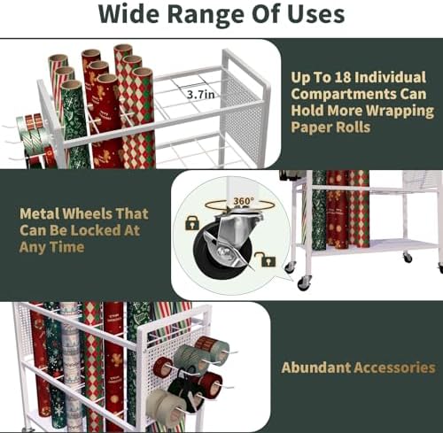 Wrapping Paper Organizer Storage with Wheel Cart, 18 Slap Bands & 6 hooks - Image 3