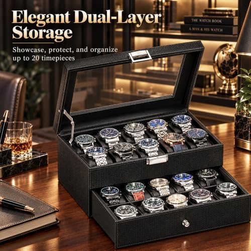 BEWISHOME Watch Case, 20-Slot Watch Box Organizer with Large Glass Lid - Image 2