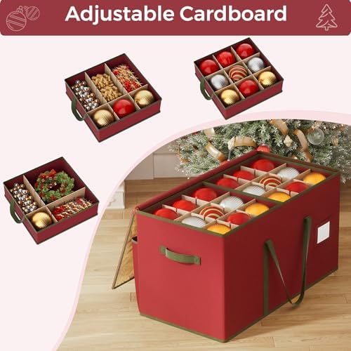 Large Christmas Ornament Storage Box, Dual Zippers, Stackable Christmas Storage Container with Clear Top Lid, 6 Trays, 600D Oxford, Fits 54-4”, Red - Image 5