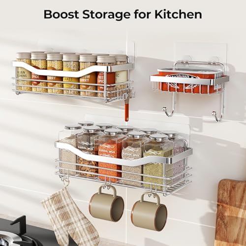 Orimade Shower Caddy Basket Shelf,3-Pack Adhesive Shower Organizer with Soap Dish Holder, No Drilling Wall Mounted Rustproof Stainless Steel Shower Shelves with 7 Hooks,for Bathroom - Image 5