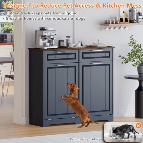 Double 10 Gallon Tilt Out Trash Can Cabinet with Deodorizing Function and Power Outlet, Wooden Hidden Garbage Can Holder with 2 Storage Drawers for Kitchen, Laundry Hamper Cabinet for Bathroom, Blue - Image 4