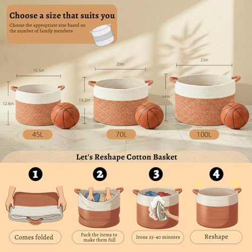 Artfeel 70L Large Cotton Rope Basket, Decorative Woven Blanket Storage for Living Room, Boho Toy Storage & Toy Box for Kids, Versatile Laundry Basket & Nursery Hamper for Blankets(Orange) - Image 6