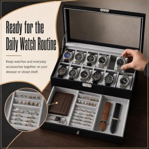 GUKA 12-Slot Watch Box Organizer with Glass Lid, 2-Tier Leather Case - Image 2