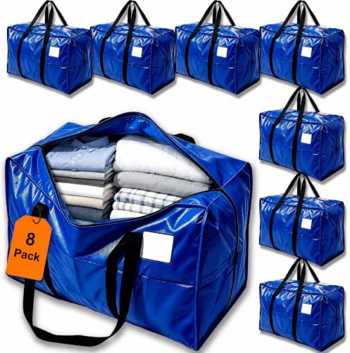 24 GAL Heavy Duty Moving Bags Blue 8 Pack - Backpack Straps & Handles, Large Zipper Storage Bags for Clothes, Water-Resistant College Dorm & Moving Essentials by JVLJVL