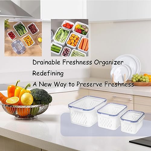 Fruit and Vegetable Storage Containers for Fridge, 6 Pcs/3 Sets Keep Fresh Produce Saver Containers Keeper, Food Storage Containers with Removable Colander (blue) - Image 4