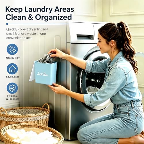 Magnetic Lint Bin with Lid for Laundry Room, Compact Plastic Dryer Lint Holder, Small Laundry Trash Container for Dryer Lint & Used Dryer Sheets, Space Saving Storage Decor Organizer (Blue) - Image 5