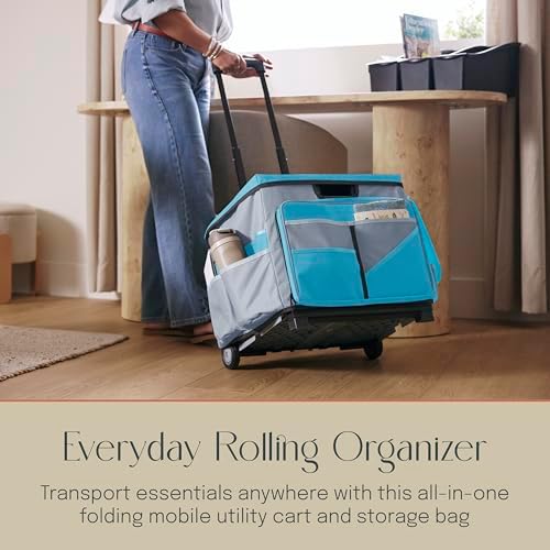 Folding Mobile Utility Cart, Canvas Organizer Bag, Turquoise/Grey - Image 3