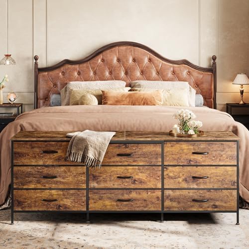 Huuger 63 Inch Dresser for Bedroom, Dresser for Closet with 9 Fabric Drawers, Large TV Stand for 55, 65, 70 Inch TV, Entertainment Center with Storage, Wide Long Chest of Drawers, Rustic Brown - Image 2