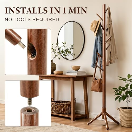 Wooden Coat Rack Freestanding with 8 Hooks & 3 Adjustable Sizes for Clothes, Space-Saving Design for Bedroom Office Entrance Holds Hats Coats Scarves Bags - Image 2